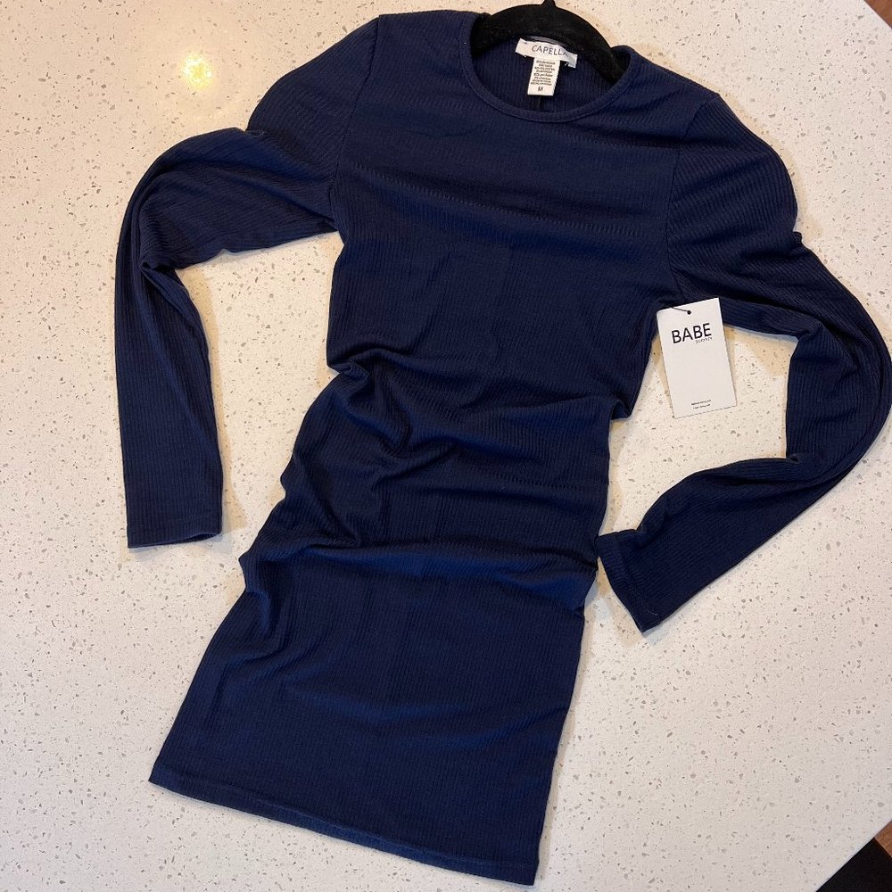 Babe Society Good Vibes Only Navy Ribbed Long sleeve Bodycon Dress